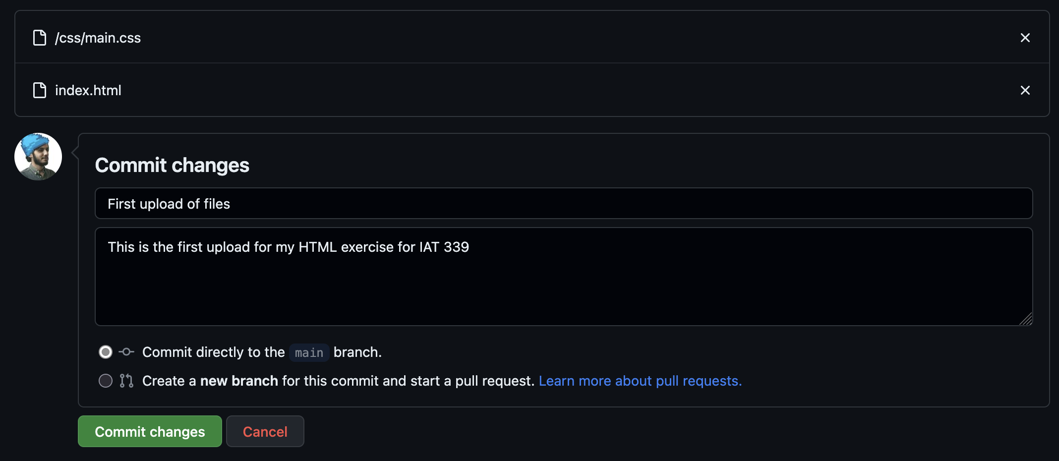 The UI in GitHub to commit changes