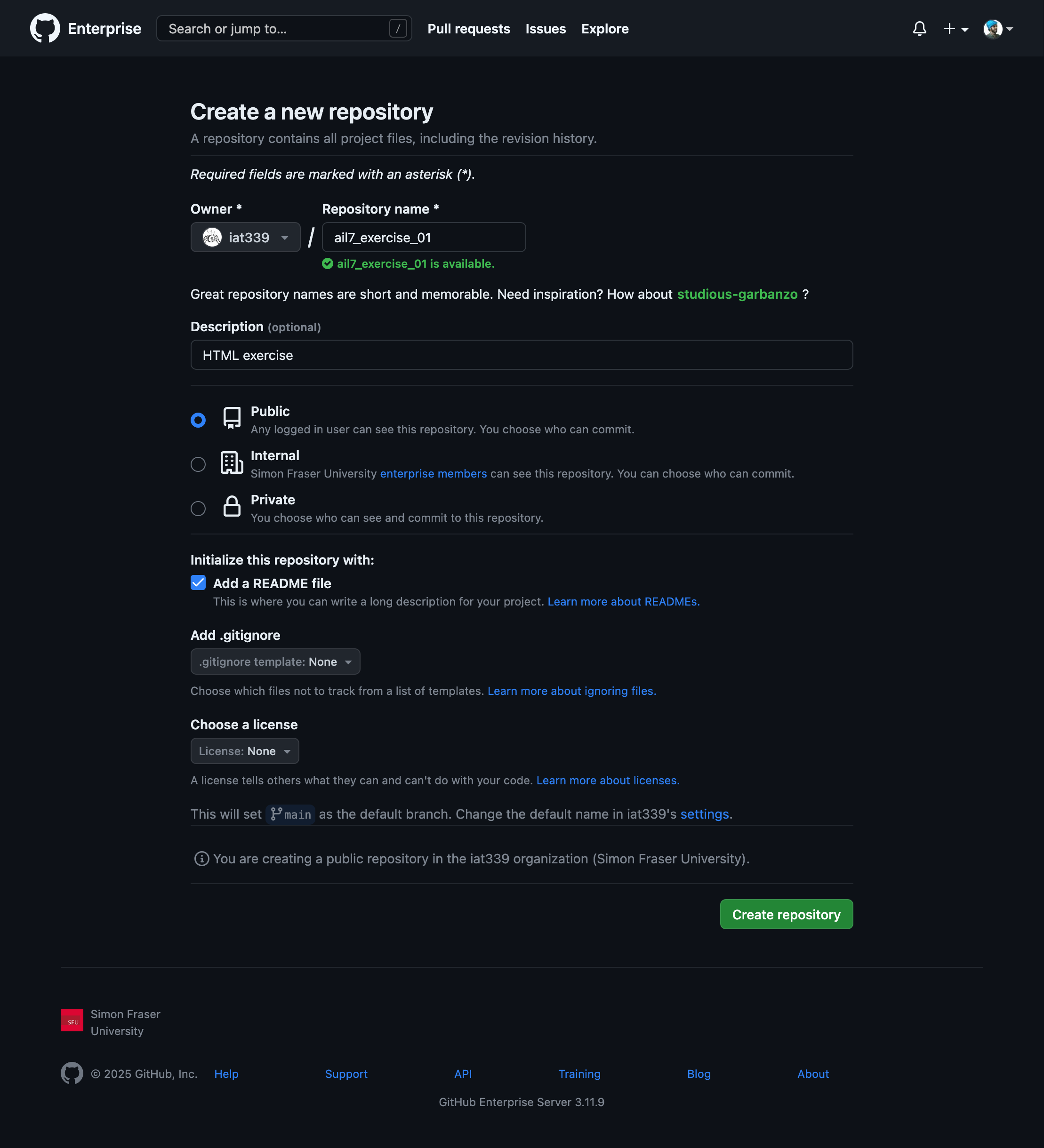 A filled UI to create a new GitHub repository
