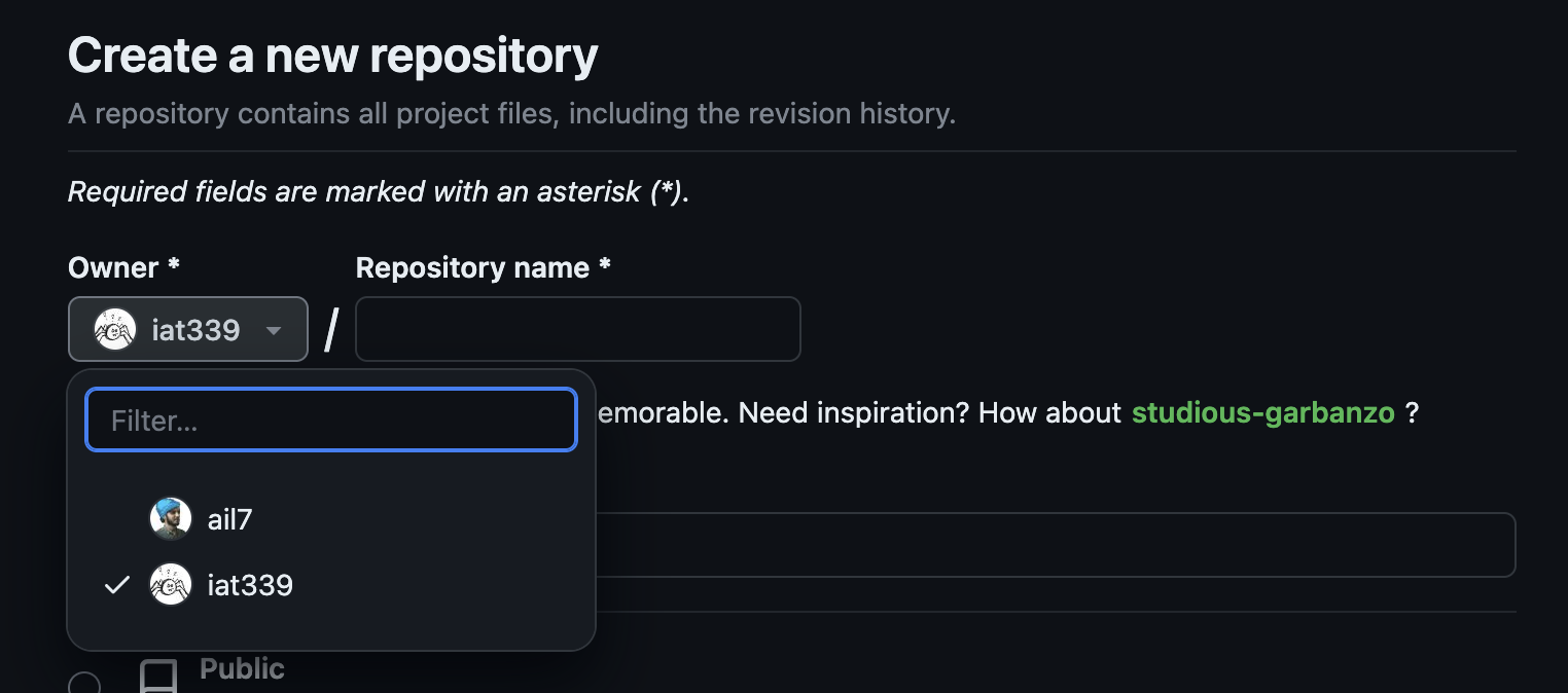 The UI in GitHub to create a new repository