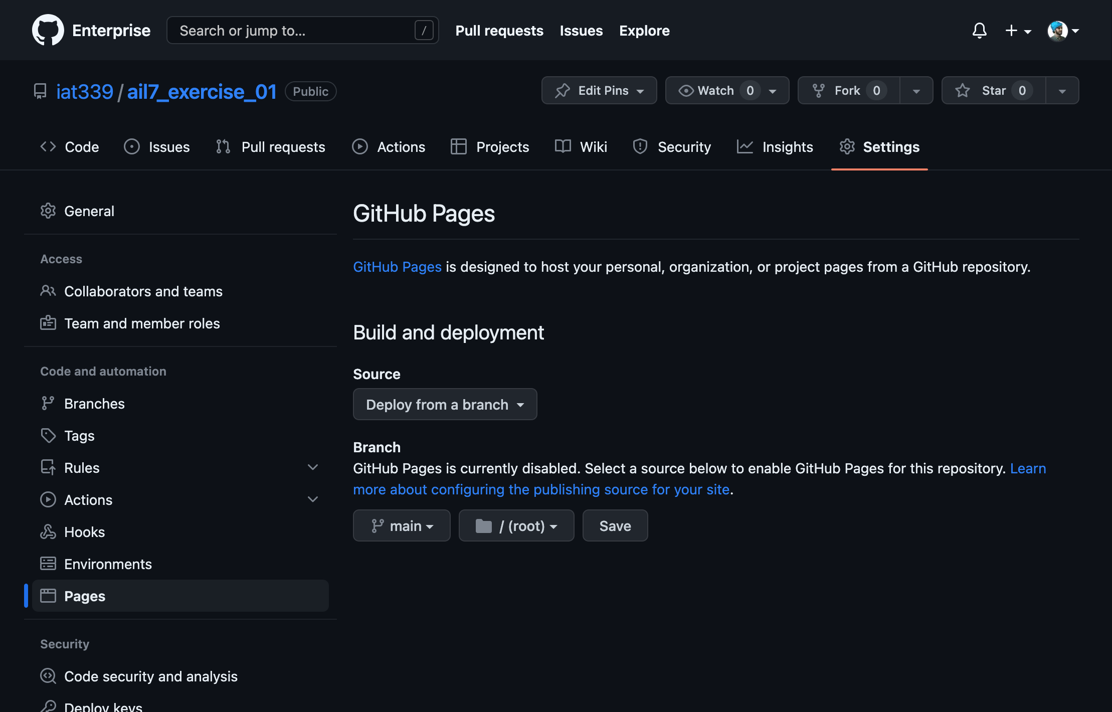 The UI in GitHub to turn a repository into a live website