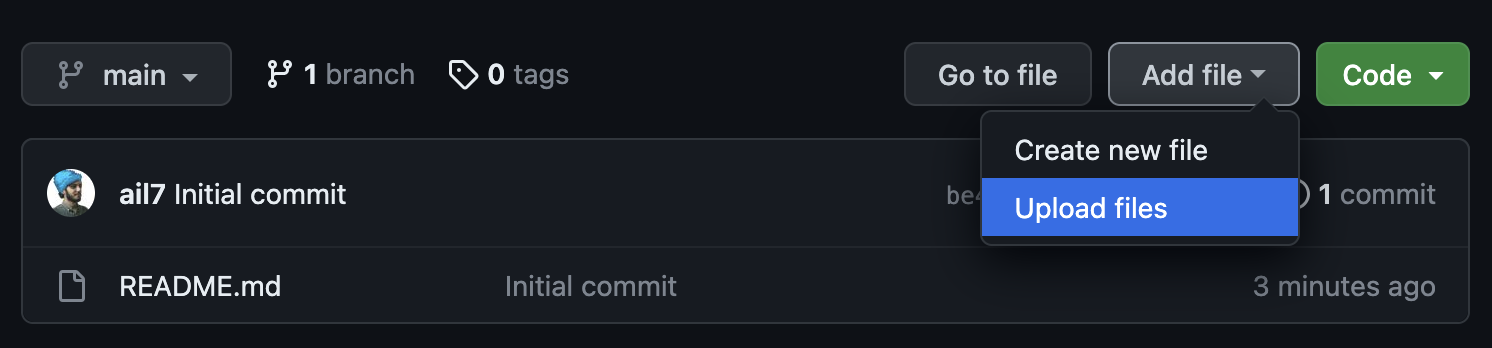 The UI in GitHub to upload files to a repository